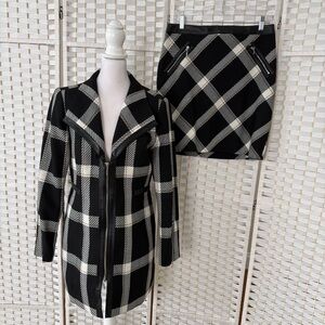 White House Black Market Plaid Zip-Up Black White Jacket and Skirt Suit